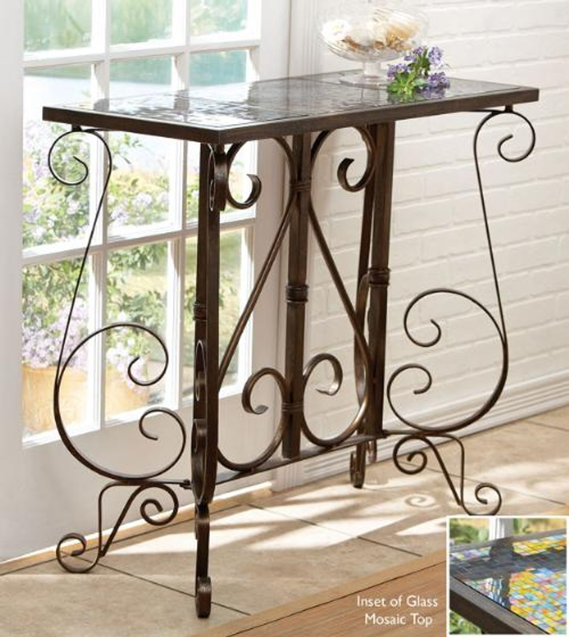 36" Mosaic Glass Top Folding Table With Scroll Designs Pool Central