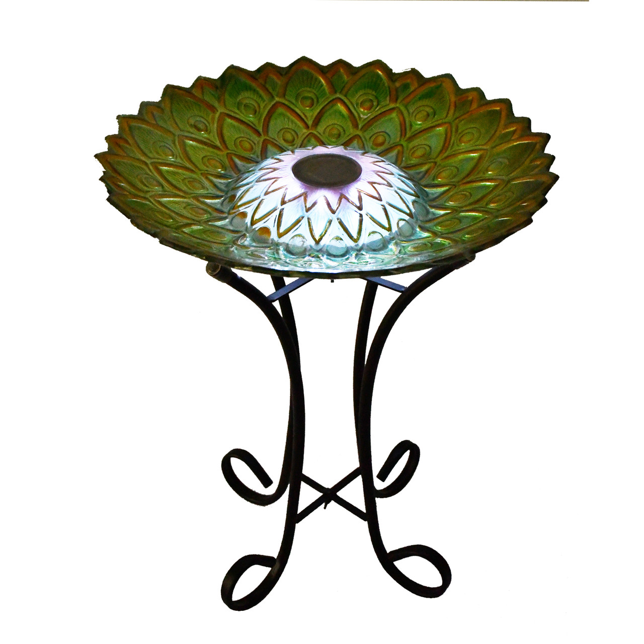 21" Green & Brown Peacock Geometric Outdoor Glass Solar Bird Bath with