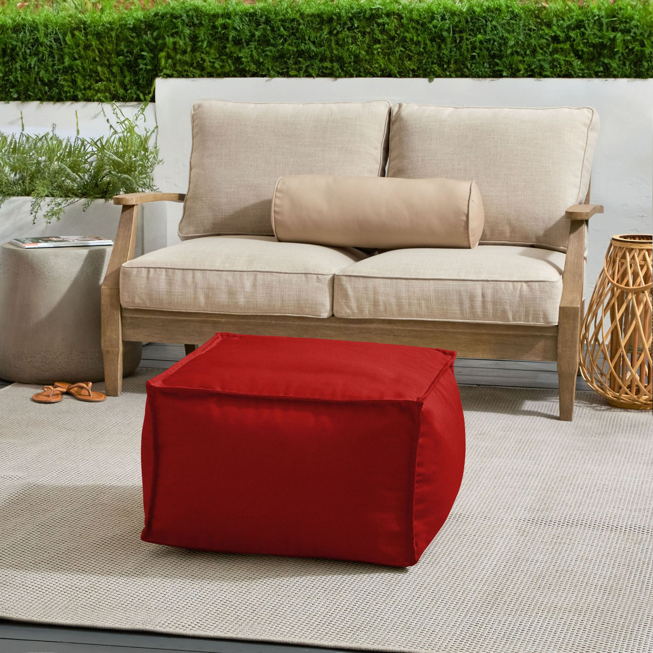 Solid Square Outdoor Bean Pouf Ottoman - 23" - Red | Pool Central