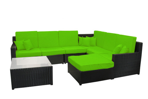 Set of 8 Resin Wicker Outdoor Black and Lime Green Furniture Sectional and Ottoman