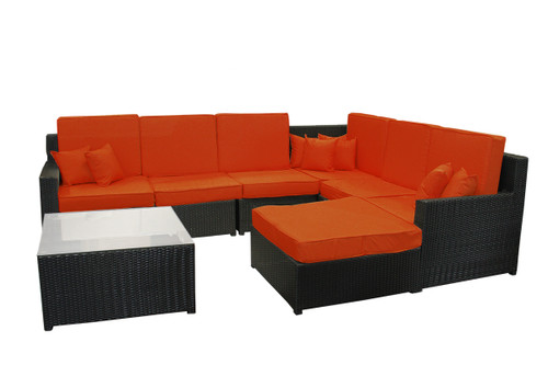 Set of 8 Resin Wicker Outdoor Black and Orange Furniture Sectional and Ottoman 129”