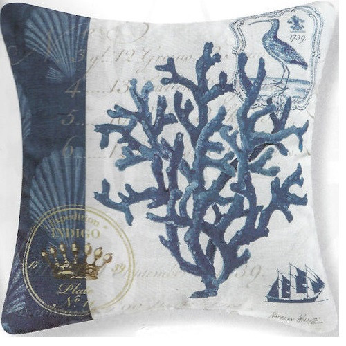 Indigo Coral Reef Square Blue and White Outdoor Throw Pillow 18"