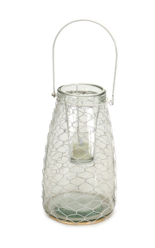 10.5" Clear Hanging Glass Tea Light Holder with White Wire Netting