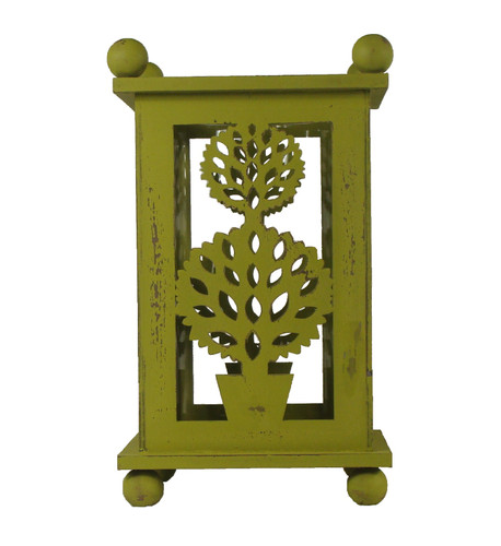 12.5" Pistachio Green Distressed Double Ball Tree Cut-Out Pillar Candle Lantern