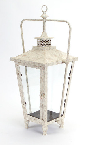 23" Distressed Rustic White Spackled Indoor/Outdoor Candle Holder Lantern
