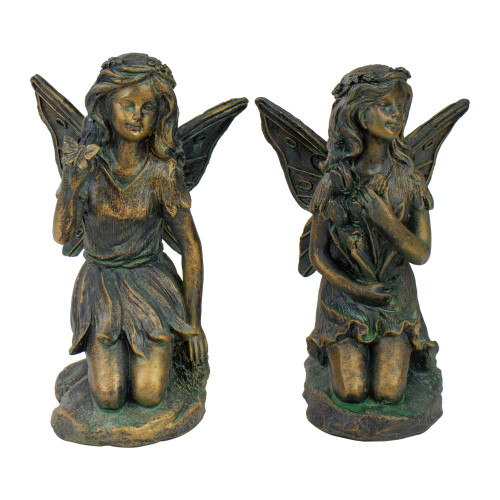 Set of 2 Bronze Kneeling Fairies With Flowers and a Butterfly Outdoor Garden Statues - 7": Enchanting Outdoor Decor