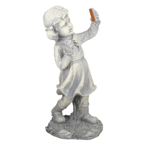 Distressed Gray Girl with Cell Phone LED Garden Statue: 18", Solar Powered, Outdoor Decor