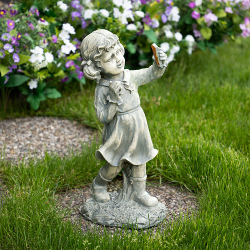 Distressed Gray Girl with Cell Phone LED Garden Statue: 18", Solar Powered, Outdoor Decor