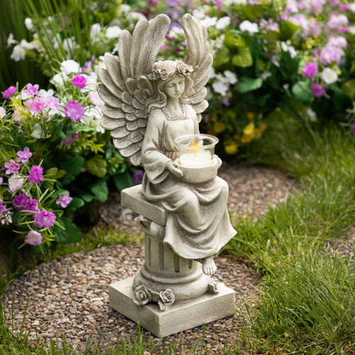 17" Angelic Harmony: Graceful Peaceful Angel on Pedestal Statue and Candle Holder