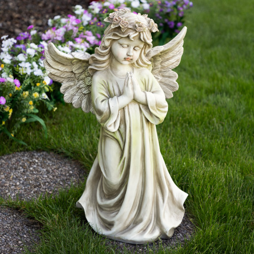 27" Kneeling Angel Garden Statue with Intricate Details