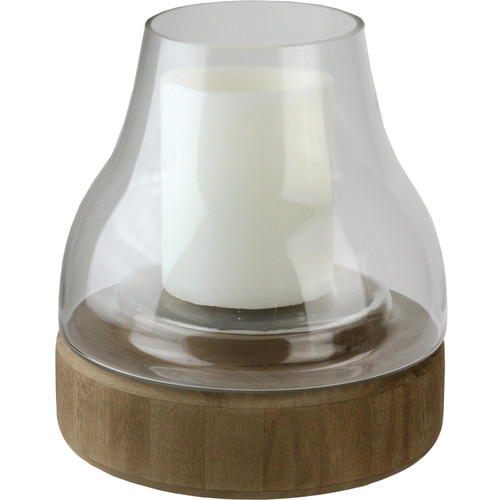10.25" Transparent Glass Pillar Candle Holder with Wooden Base