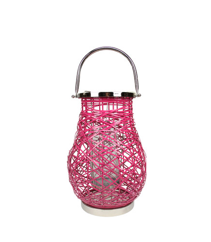 13.5" Modern Fuchsia Pink Decorative Woven Iron Pillar Candle Lantern with Glass Hurricane