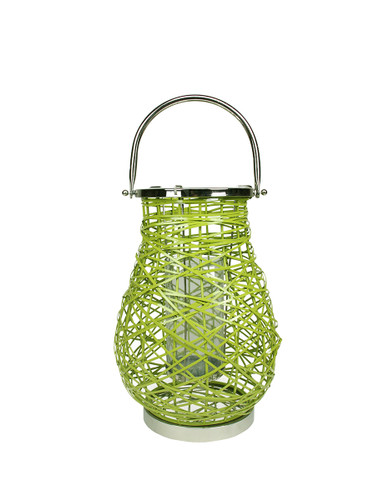 16.25" Modern Green Decorative Woven Iron Pillar Candle Lantern with Glass Hurricane