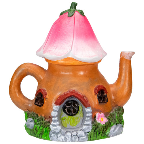 7" Solar Lighted Flower Tea Pot Outdoor Garden Statue - Whimsical Illumination for Your Outdoor Space