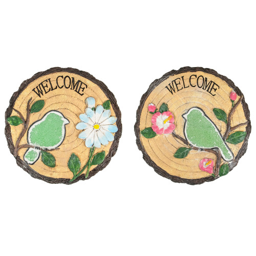 Set of 2 Welcome Birds Outdoor Floral Garden Stones 11" - Colorful Greetings for Your Garden