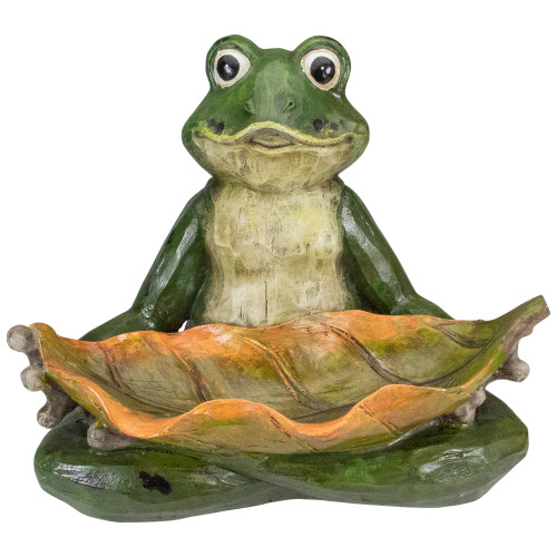 14" Green Frog with Leaf Birdfeeder - Whimsical Garden Accent for Bird Enthusiasts