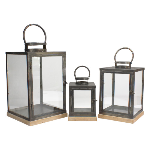 Set of 3 Bronze Glass Candle Lanterns With a Latch Hook Lock - 21"