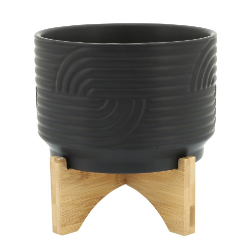 Abstract Wave Ceramic Planter with Stand - 7" - Black