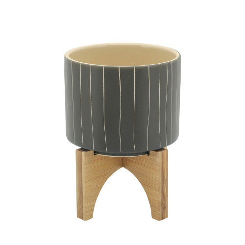 7" Gray and Beige Ceramic Striped Planter with Stand