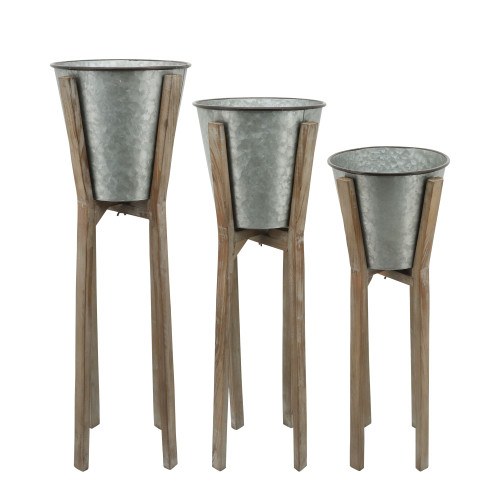 Set of 3 Gray and Brown Round Planters on Stand 35"