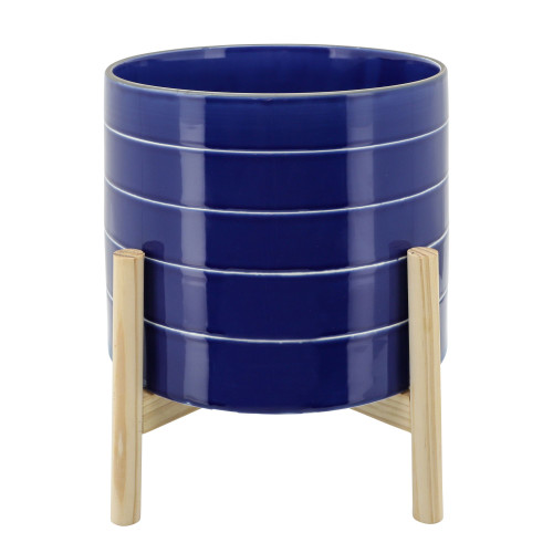 Ceramic Striped Planter with Stand - 10" - Navy Blue