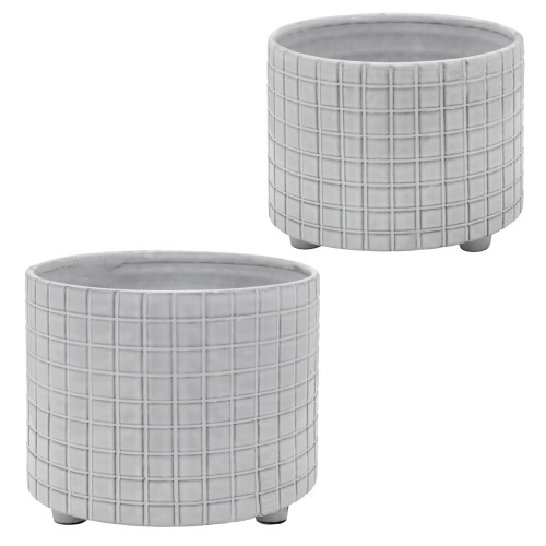 Set of 2 Gray Ceramic Checkered Outdoor Footed Planters 12"