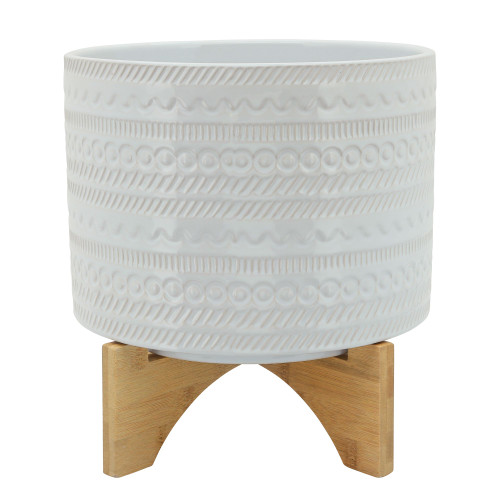 11" White and Beige Tribal Ceramic Planter with Stand
