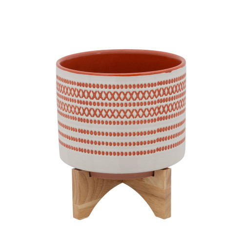 Aztec Ceramic Planter on Stand - 9" - Orange and Cream