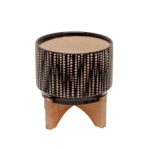 7" Black and Brown Ceramic Dotted Standing Planter with Stand