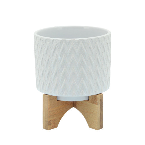 Chevron Ceramic Planter with Stand - 6" - White and Brown