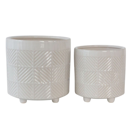 Set of 2 Shiny White Textured Footed Ceramic Planters 8"