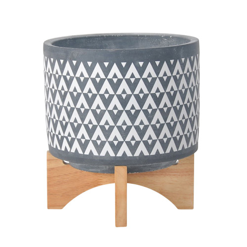 Ceramic Aztec Planter on Stand - 9" - Gray and White