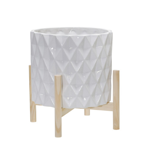 12" White Diamond Ceramic Outdoor Planter with Stand