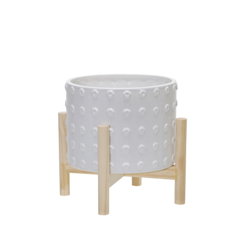 Dotted Ceramic Outdoor Planter with Stand - 9" - White and Beige