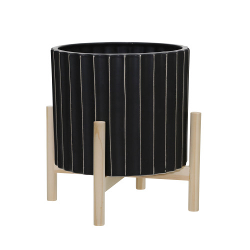 12" Black and Brown Ceramic Fluted Planter with Wood Stand