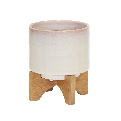 Striped Ceramic Planter on Stand - 7" - Cream White and Brown