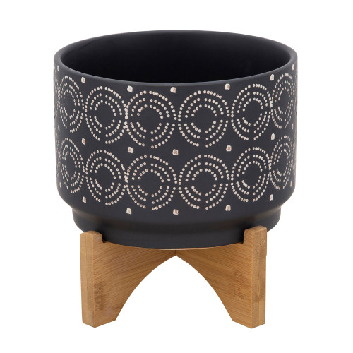 Swirl Ceramic Planter on Stand - 8" - Black and Brown