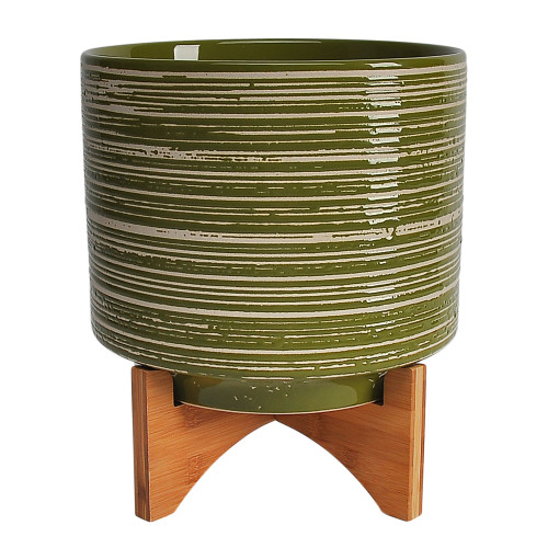 11" Olive Green and Brown Distressed Lines Ceramic Planter on Stand