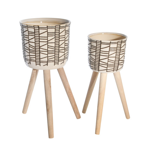 Set of 2 Ivory and Beige Abstract Outdoor Planters with Legs 14"