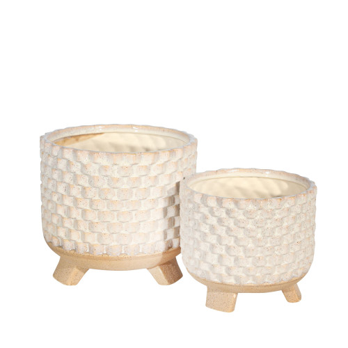 Set of 2 White and Beige Ceramic Outdoor Textured Footed Planters 8"