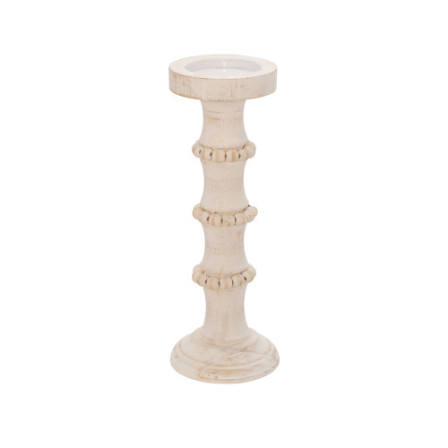 Banded Bead Pillar Candle Holder - 13" - White and Beige
