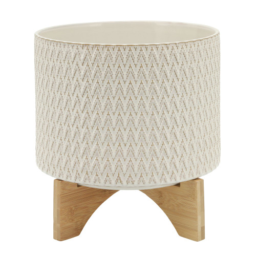 11" Ivory and Brown Ceramic Outdoor Chevron Planter on Stand