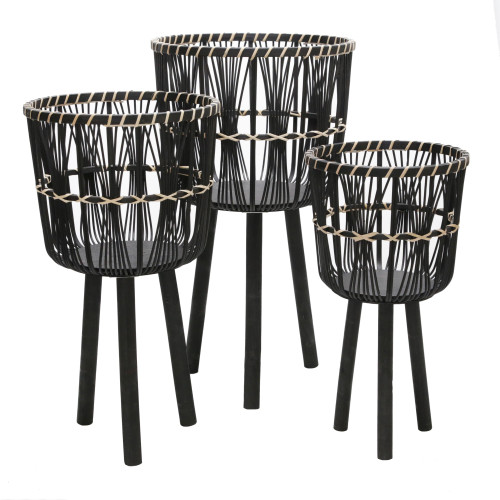 Set of 3 Black and Ivory Bamboo Outdoor Planters on Stand 30"