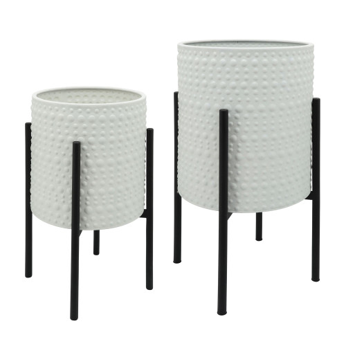 Set of 2 White and Black Dot Textured Standing Planters 23"