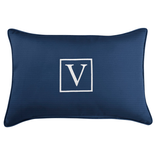 13" x 20" Navy Blue and White Monogram "V" Single Embroidered Sunbrella Indoor and Outdoor Lumbar Pillow