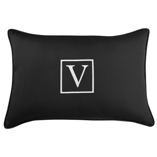 13" x 20" Black and White Monogram "V" Single Embroidered Sunbrella Indoor and Outdoor Lumbar Pillow