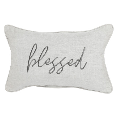 20" Sunbrella Silver and Gray Rectangular Indoor/Outdoor "Blessed" Single Embroidered Lumbar Throw Pillow