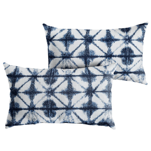 Set of 2 14" x 24" Indigo Blue and White Geometric Sunbrella Indoor and Outdoor Lumbar Pillows