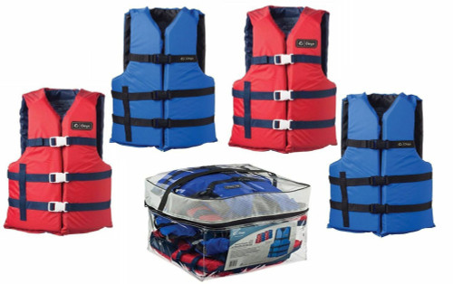 Set of 4 Blue and Red Adult General Purpose Vests with Carrying Cases