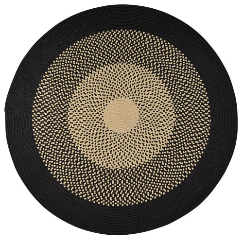 7' Beige and Black All Purpose Handcrafted Reversible Round Outdoor Area Throw Rug